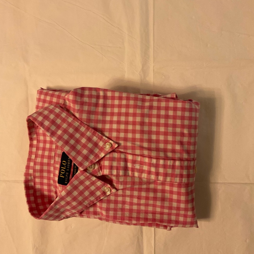 Ralph Lauren pink and white Polo bottom down shirt XL 17 1/2